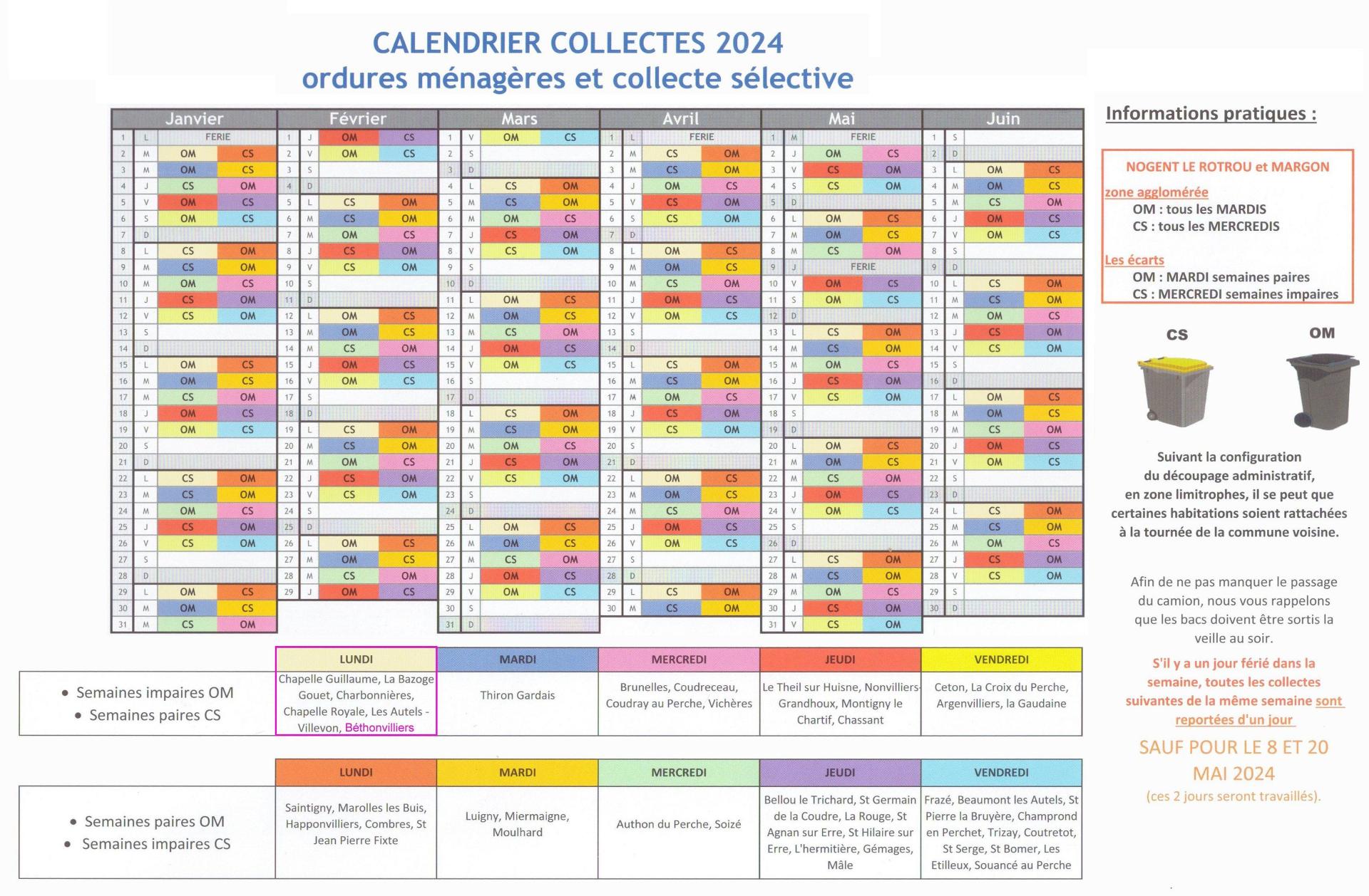 Calendrier de collecte OM – 1er semestre 2024